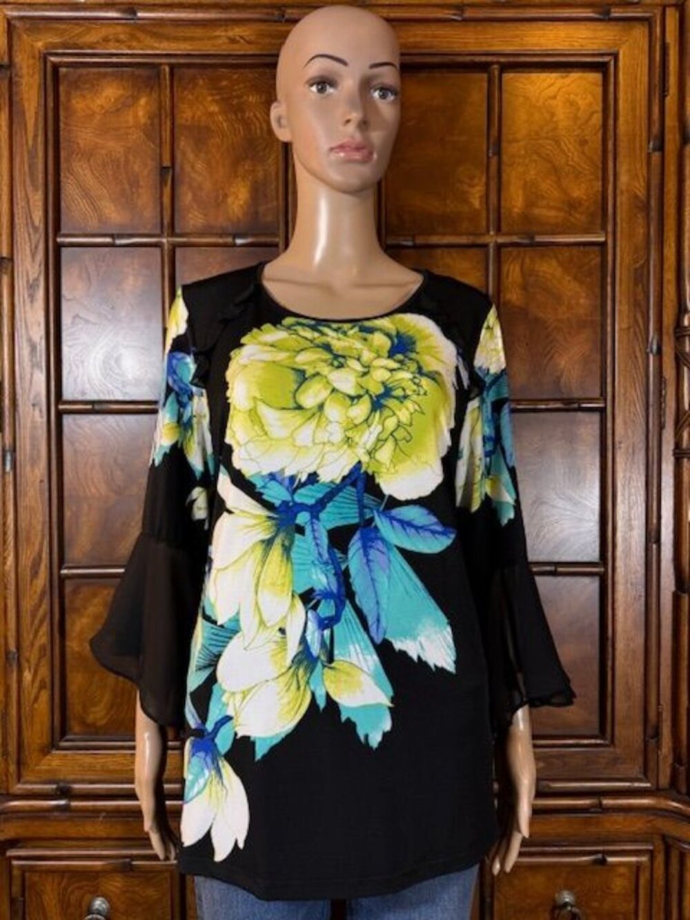 Susan Graver Black Chartreuse Jumbo Floral Chiffon Sleeve Ruffle Shoulder Top